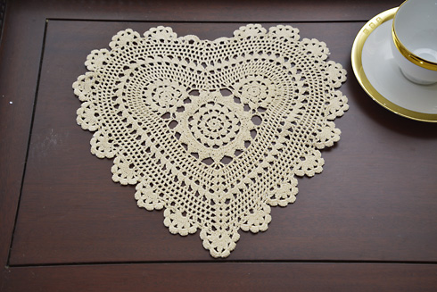 Wheat Color Heart Shape Crochet Lace Doily 12" Heart Shape.